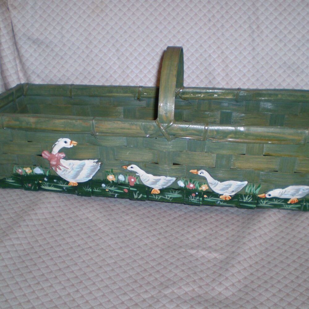 Vintage Hand Painted Geese Family Woven Bamboo Basket 5” Tall X 10.5” Wide